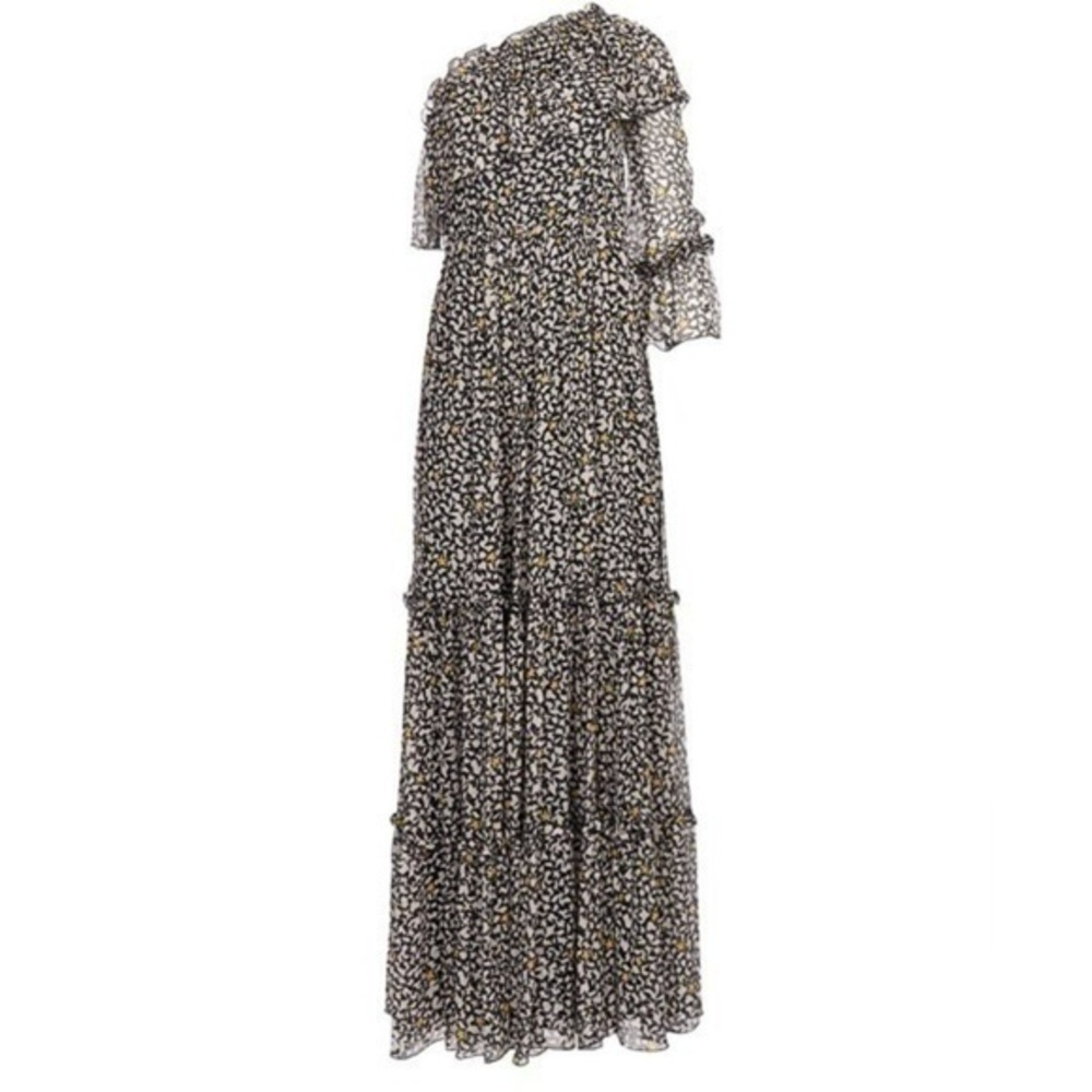 MSGM Black Silk Star Pattern One Shoulder Ruffle Maxi Dress Size 46